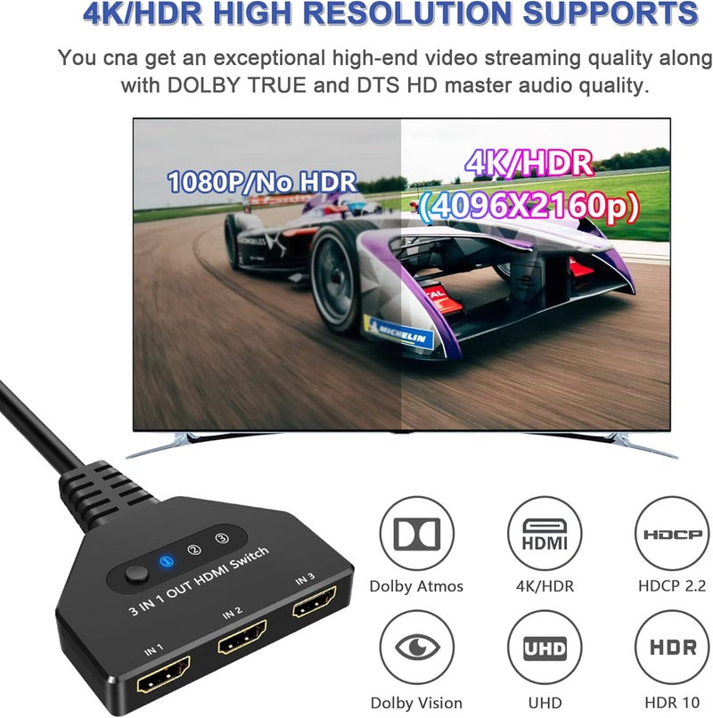 Closs HDMI Switch 3 in 1 Out, 4K@30hz HDMI Splitter Supports Full HD 1080P 3D Compatible with Roku Fire TV Stick HDTV PS4/PS5 Xbox One Chromecast - Image 2